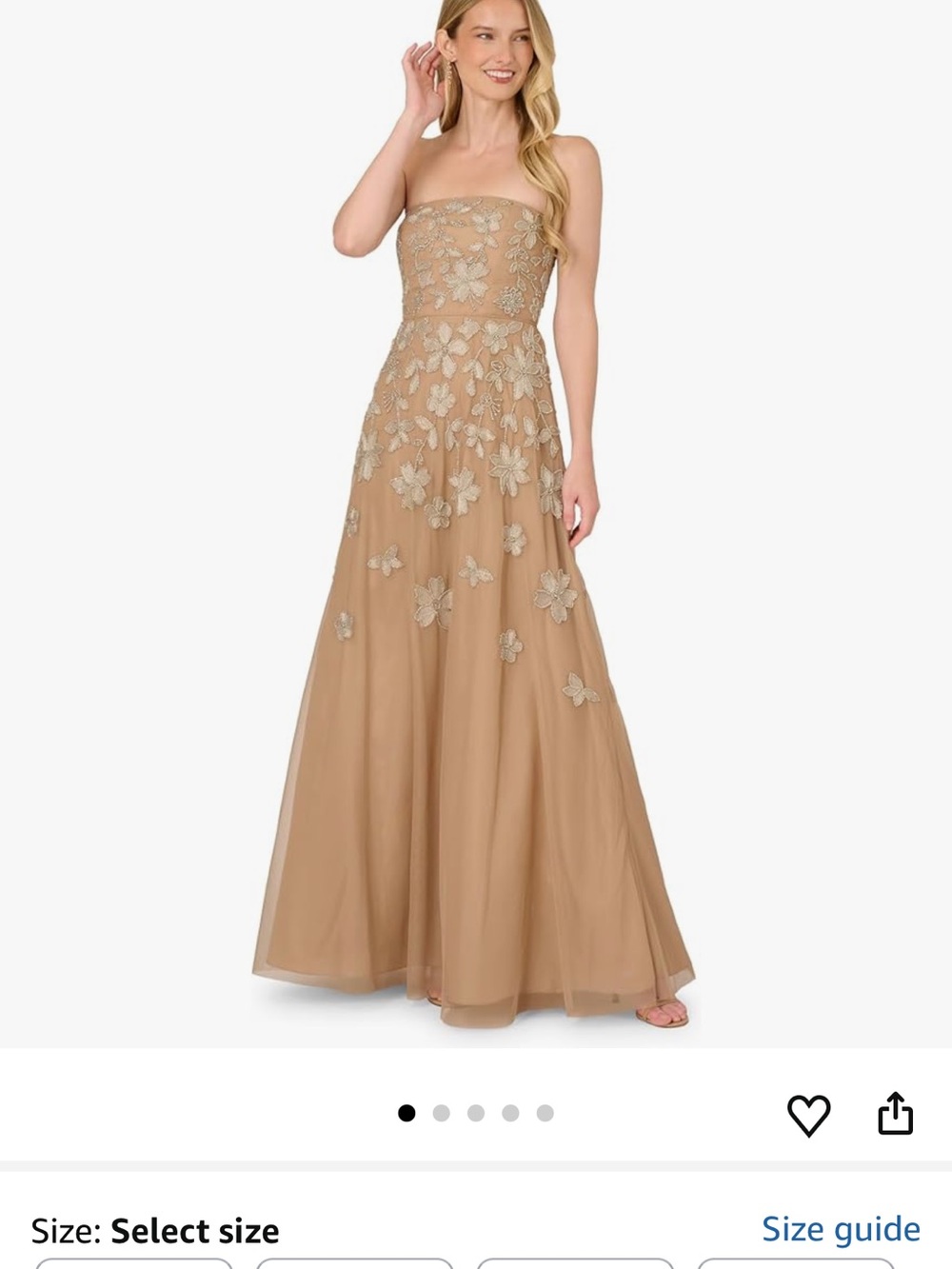 Adrianna Papell Strapless Embroidered Tulle Gown in Tan with Metallic Accents